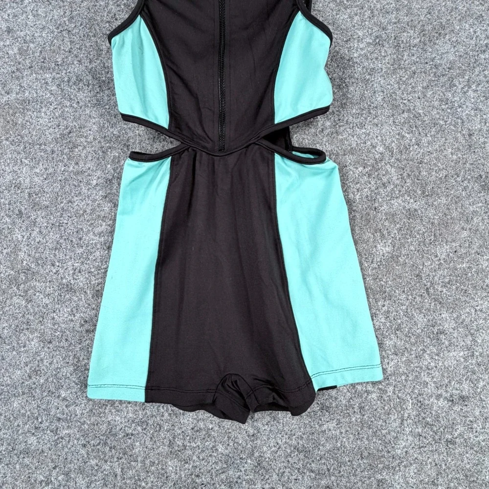 Bloch Girls Size 10 Black Teal Biketard Leotard FrontZip Cut-Out Dance Unitard